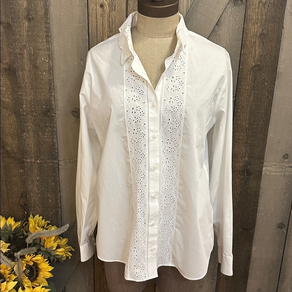 White Eyelet Ruffle Collar Button-Up Blouse